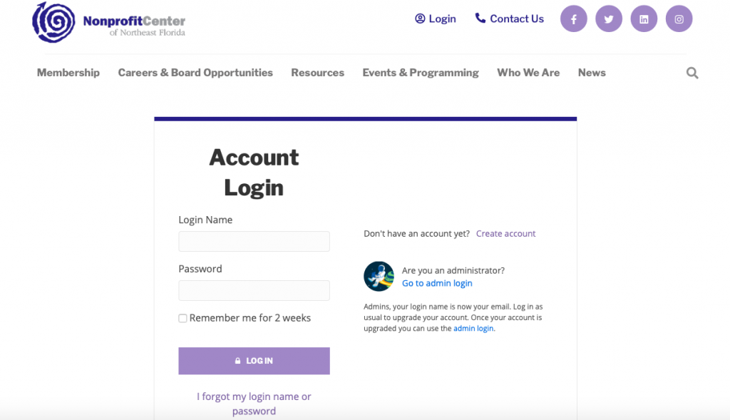 Account login page of the Nonprofit Center Member Portal