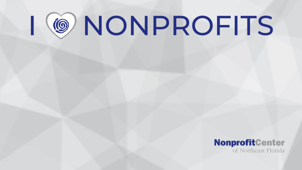 Zoom background image. The background is abstract and grey. Across the top, the words "I heart nonprofits" are in caps. The Nonprofit Center swirl logo is inside the heart. The Nonprofit Center text logo is in the bottom right corner.