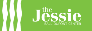 Logo for The Jessie Ball Dupont Center. The Logo is green with abstract geometric figures on the left side. The text is white on a green background.